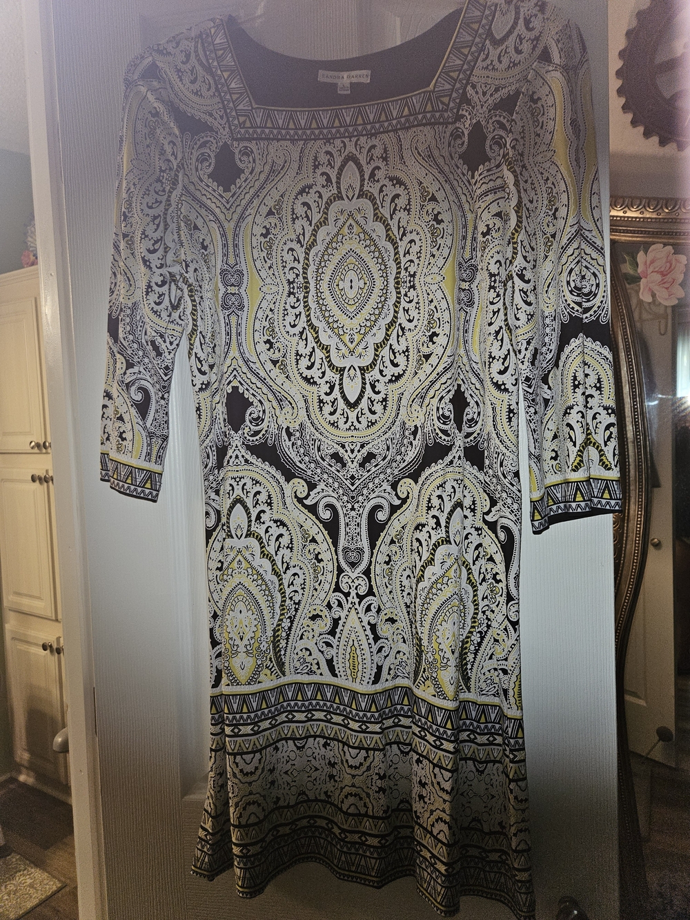 Sandra Darren Yellow, Black & White Paisley Long-Sleeve Dress